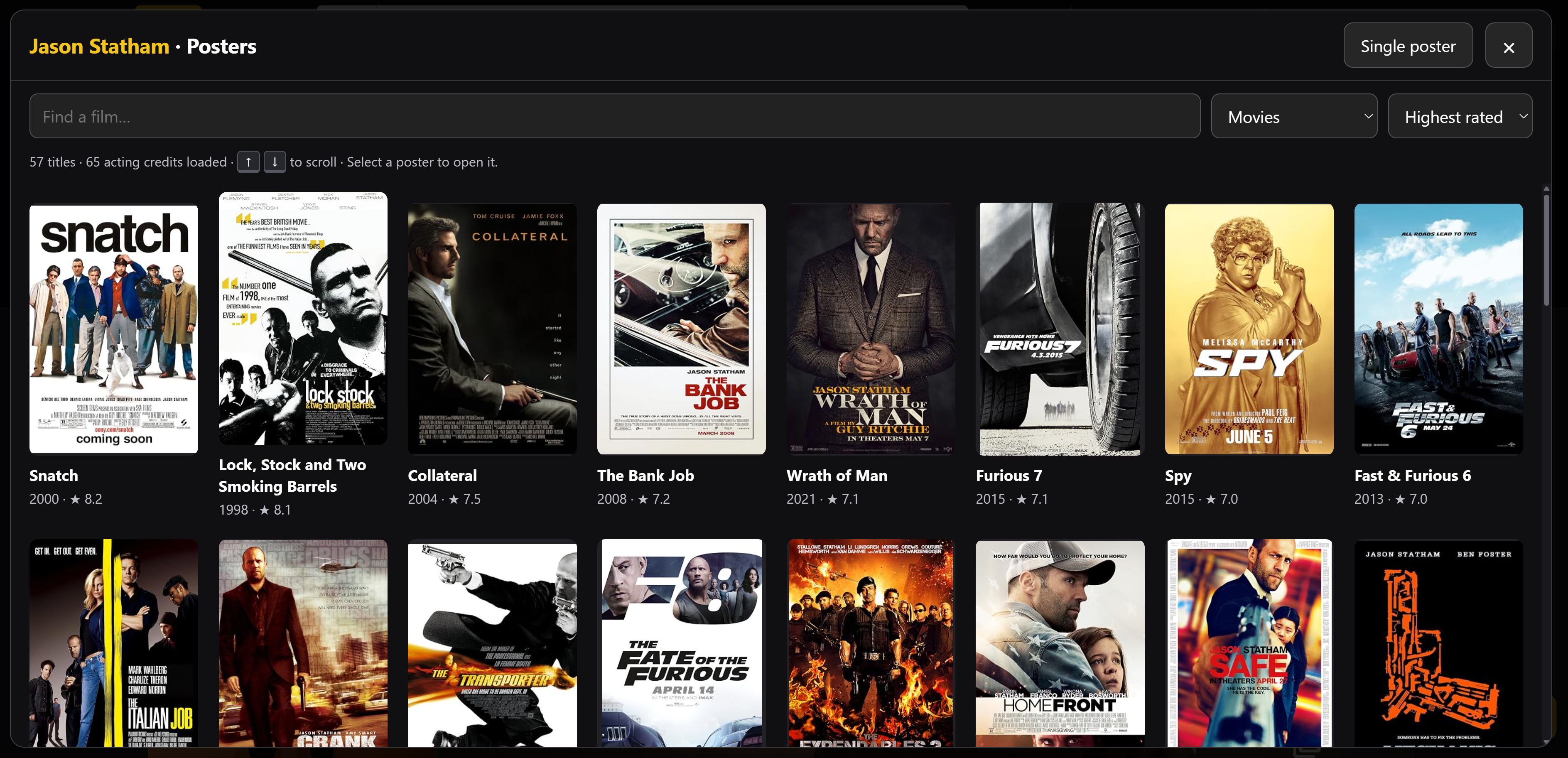 IMDb Poster Browser showing Jason Statham’s films sorted by highest rating, with all 65 acting credits loaded.